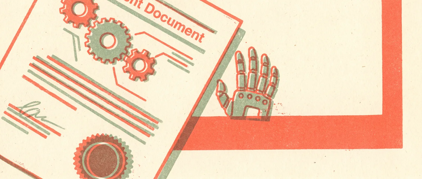 Risograph illustration: a patent document with a seal and a robot hand held back by a boundary — AI cannot be a patent inventor.
