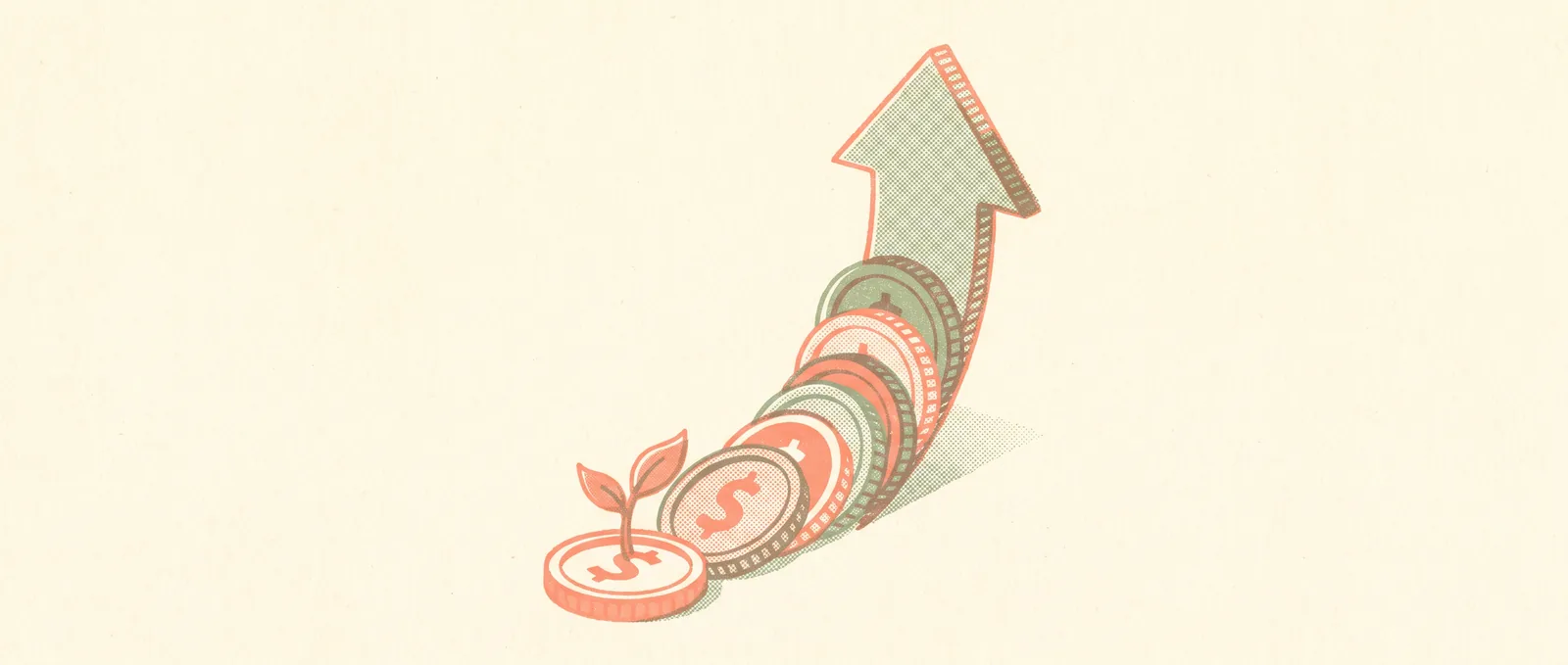 Risograph illustration: a single coral seed-coin growing into a tall stack — a venture bet on Anthropic paying off.
