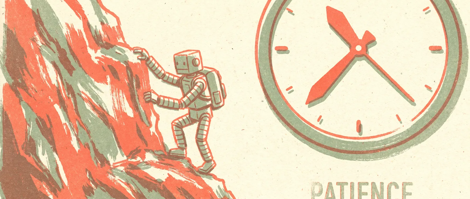Risograph illustration: a small robot climbing a steep slope beside a slow clock — Meta's AI agents moving slower than planned.