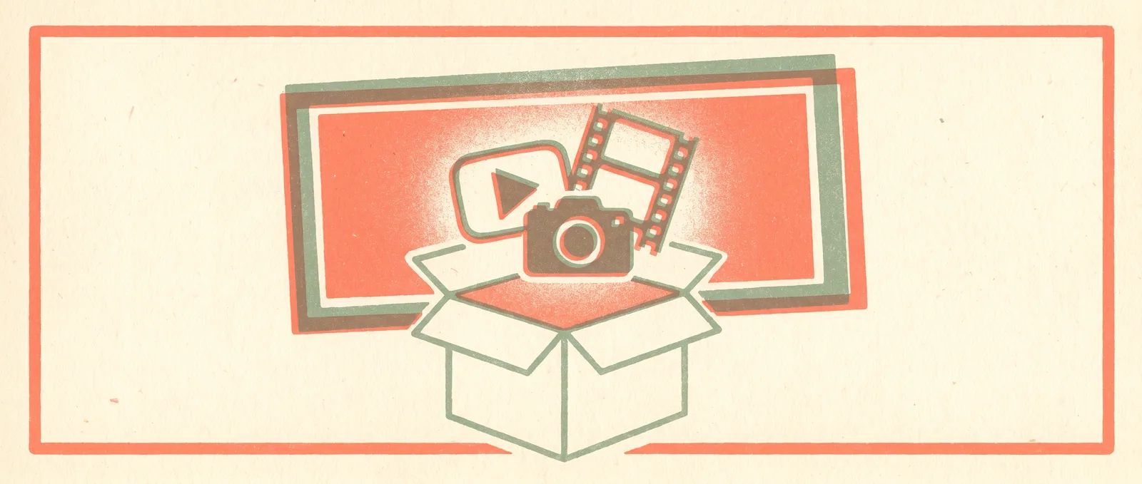 Risograph illustration: an open box releasing a large model panel with image and video symbols inside a wide frame — MiniMax M3, open weights and huge context.