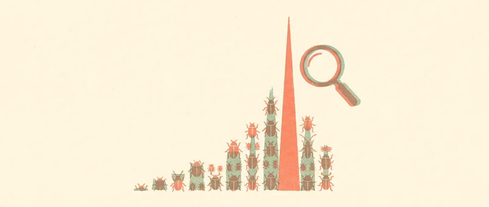 Risograph illustration: a soaring bar chart of bug icons with a tall coral spike and a magnifying glass — a surge in vulnerabilities found by AI.