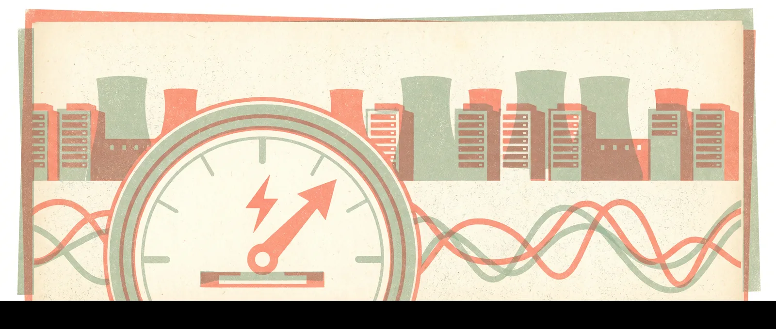 Risograph illustration: an electricity meter with its coral needle climbing steeply beside server buildings — soaring power use from AI.
