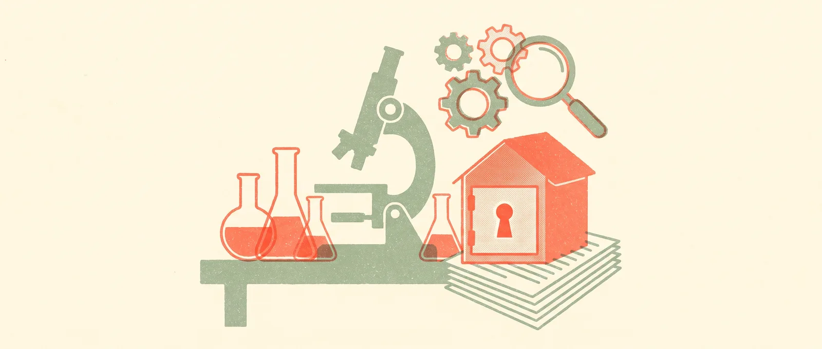 A laboratory workbench with flasks and a microscope beside a house-shaped safe guarding a stack of papers