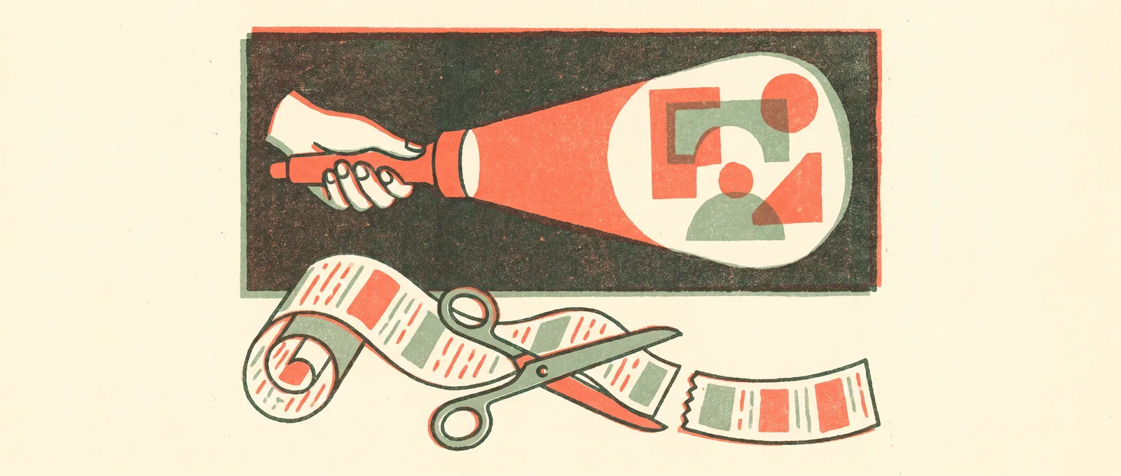 A torch beam revealing hidden shapes at the edge of a giant page while scissors trim a long scroll short