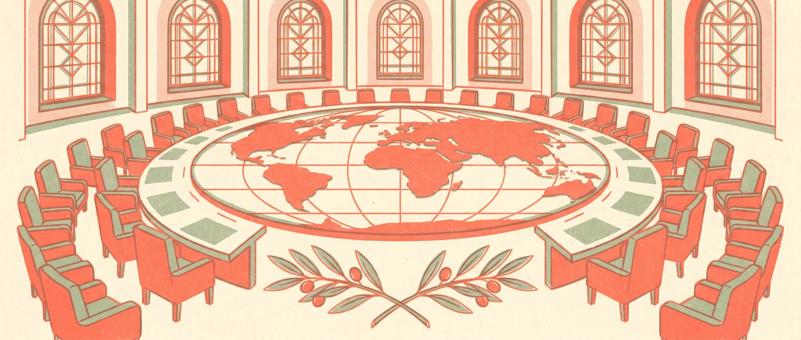 A globe-shaped round table surrounded by empty chairs and olive branches in a grand assembly hall
