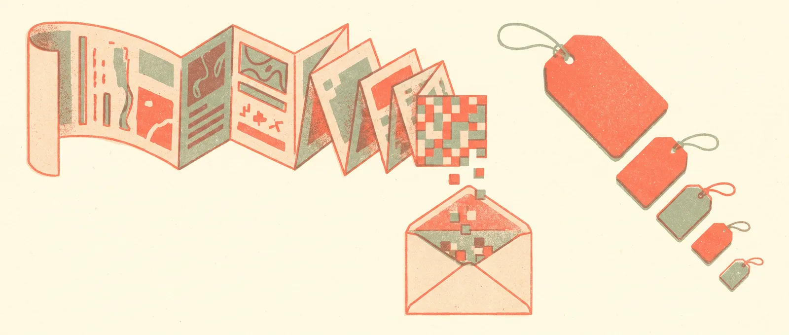 A long paper scroll being folded into a tiny mosaic of coloured pixel squares above a waiting envelope