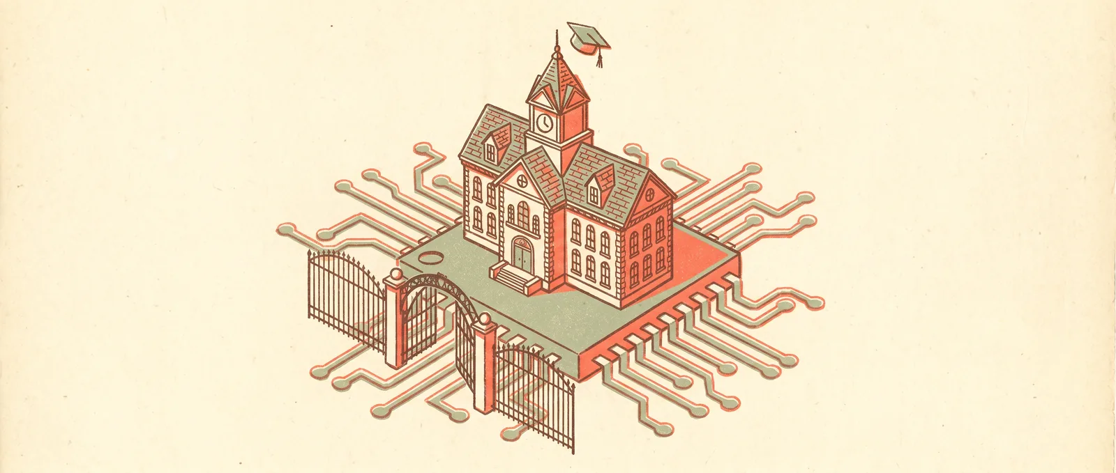 An ornate schoolhouse perched on a giant computer chip behind tall gates, a graduation cap on its roof