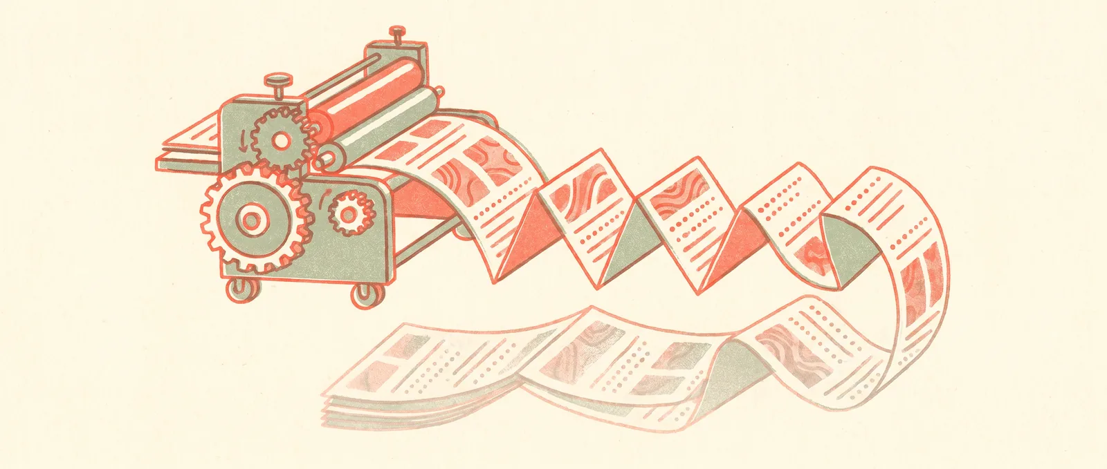 An accordion-folded document running through a printing press that turns pages into neat rows of dots