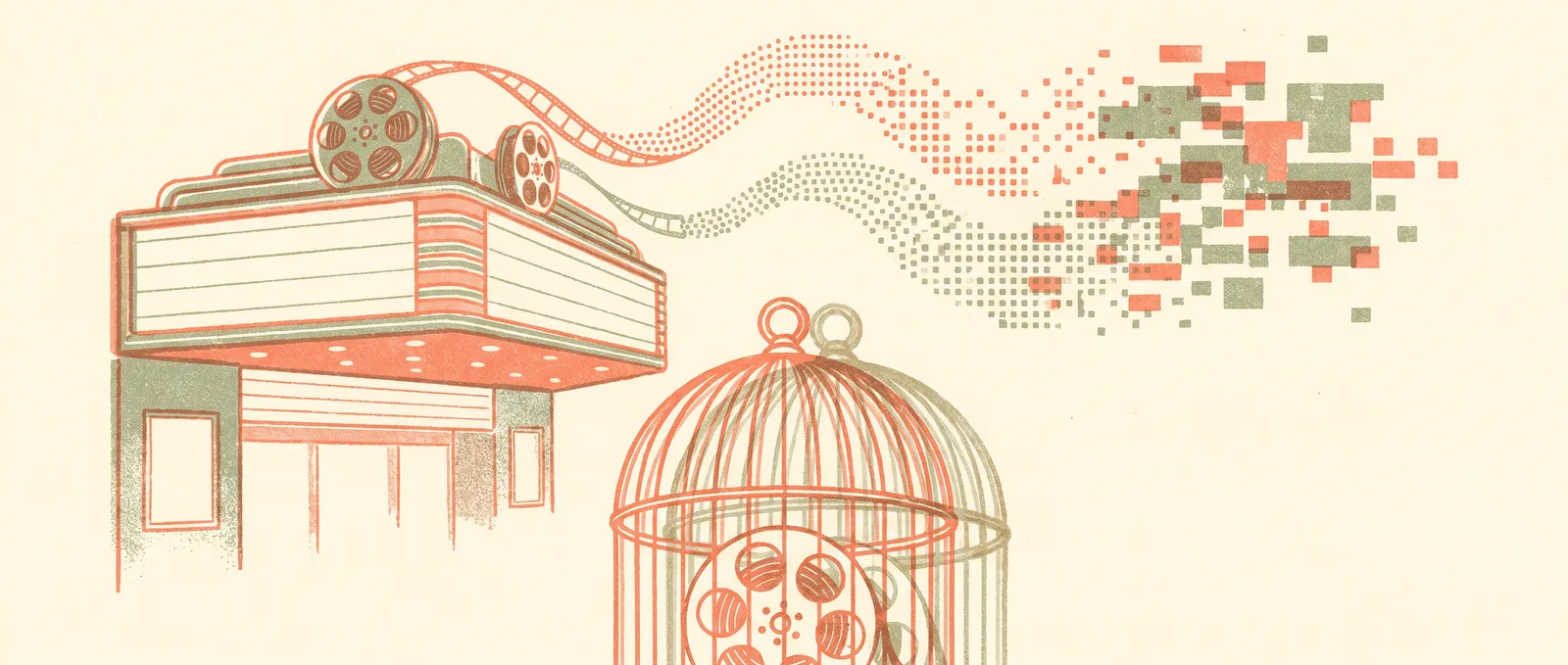 A cinema marquee with film reels unspooling into pixels, one reel locked inside a birdcage
