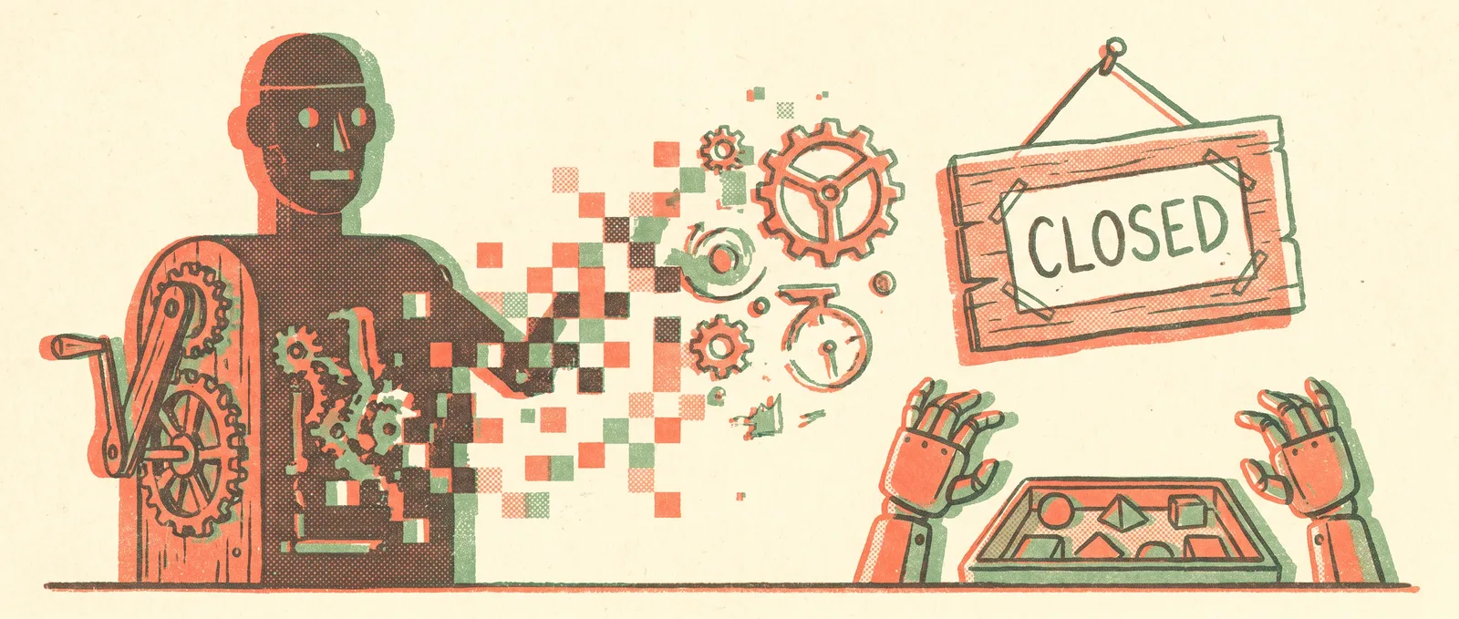 Risograph illustration of an old mechanical chess-automaton silhouette dissolving into pixels and gears next to a closed door sign