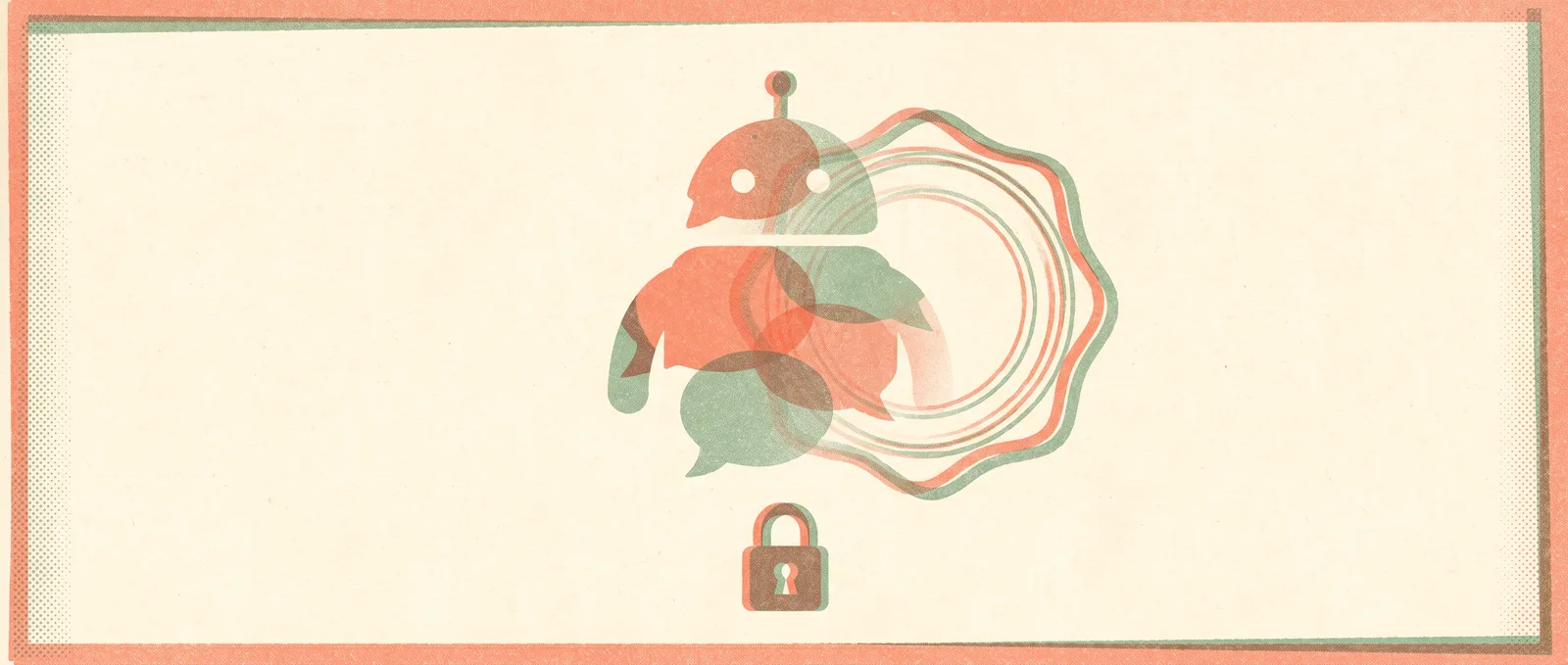 Risograph illustration of a friendly chat-bubble robot silhouette fading behind an official regulatory stamp