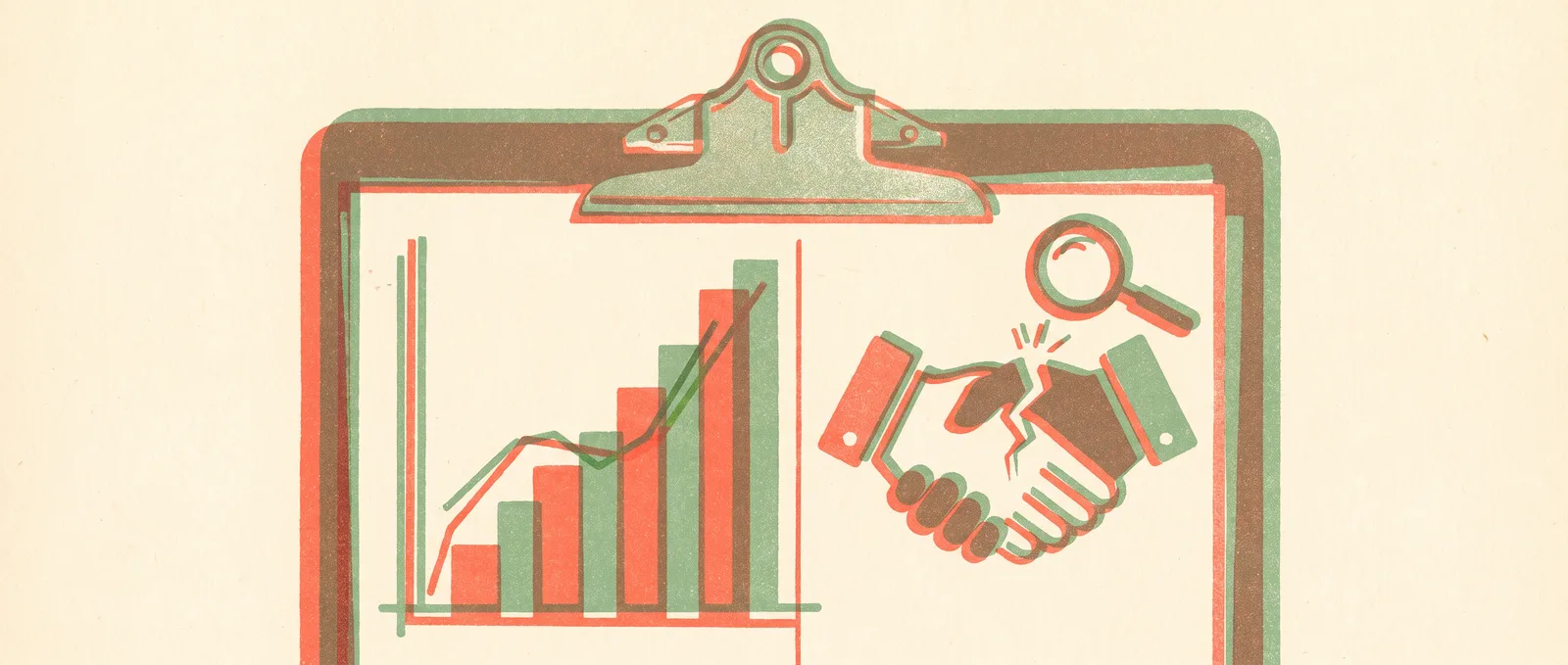 Risograph illustration of a report card with a rising bar chart on one side and a cracked handshake icon on the other