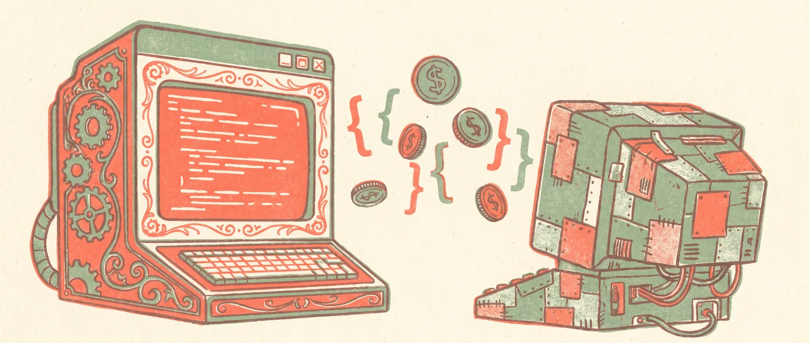 Risograph illustration of two terminal-window characters facing off, one ornate and one scrappy, with code brackets and coins floating between them