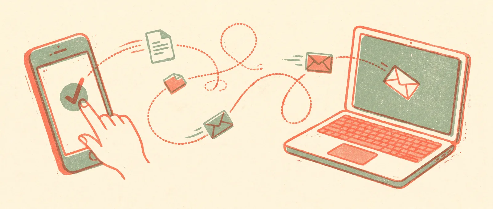 Risograph illustration of a smartphone and laptop linked by a looping thread with tiny documents traveling along it