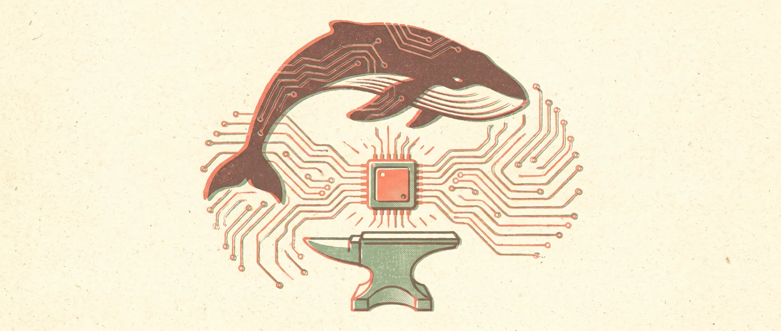 Risograph illustration of a whale diving in an arc around a glowing microchip on an anvil with circuit traces like waves