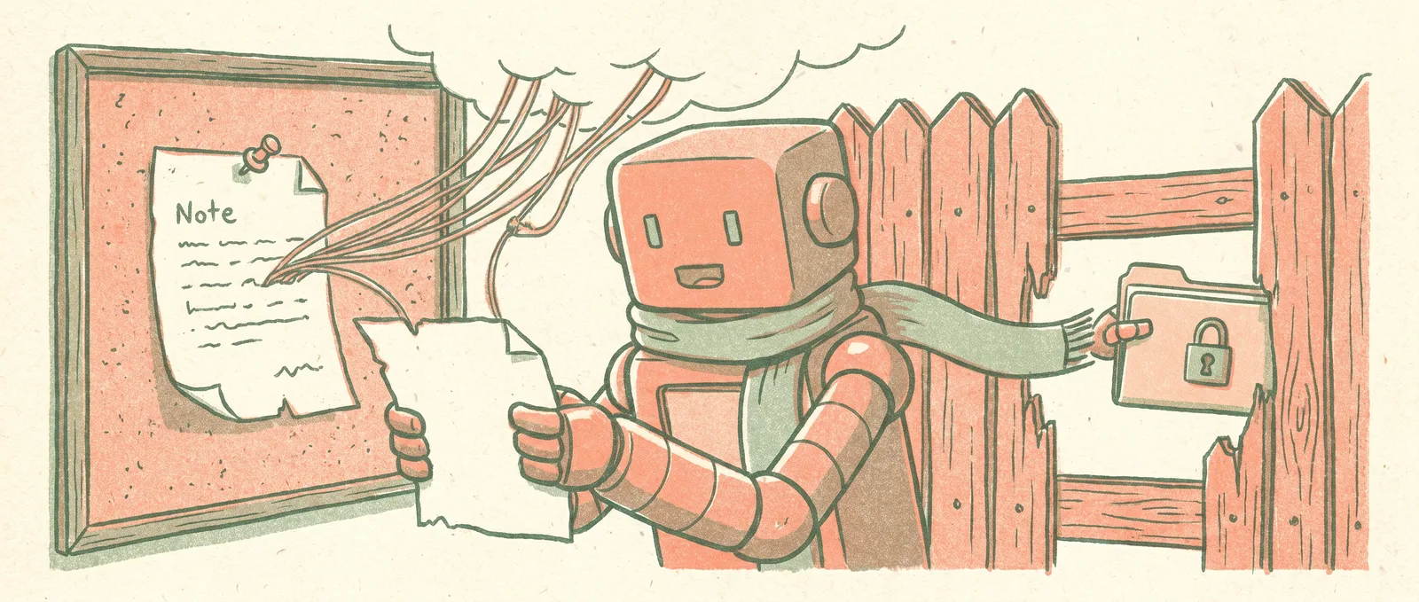 Risograph illustration of a robot reading a pinned note whose hidden puppet strings steer its arm to pass a locked folder through a fence
