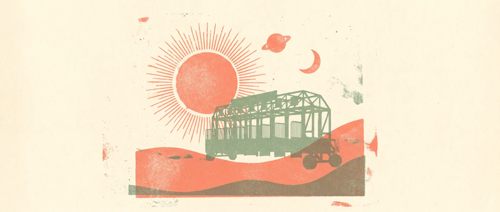 Risograph illustration of a radiant sun, small planet and crescent moon rising together over an open starting gate