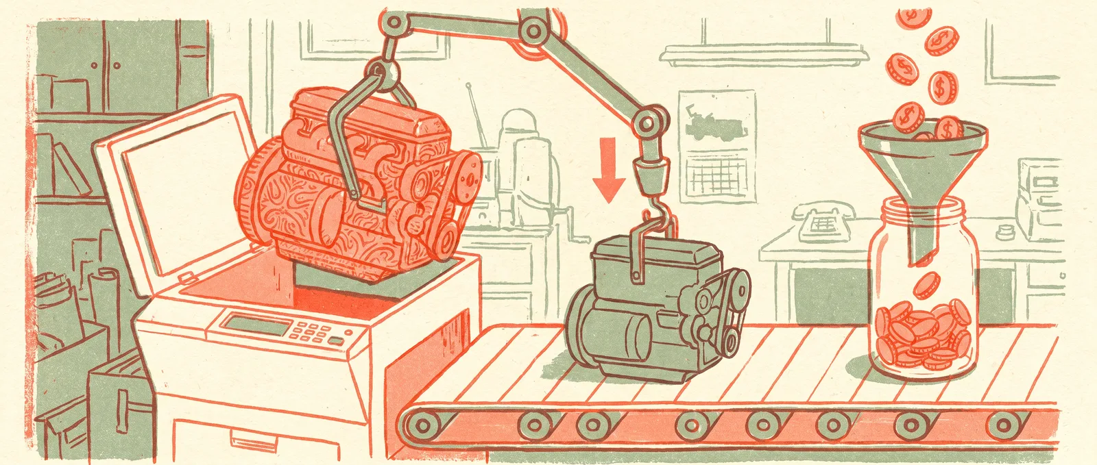 Risograph illustration of a conveyor swapping a large ornate engine for a smaller plain one while coins drop into a jar