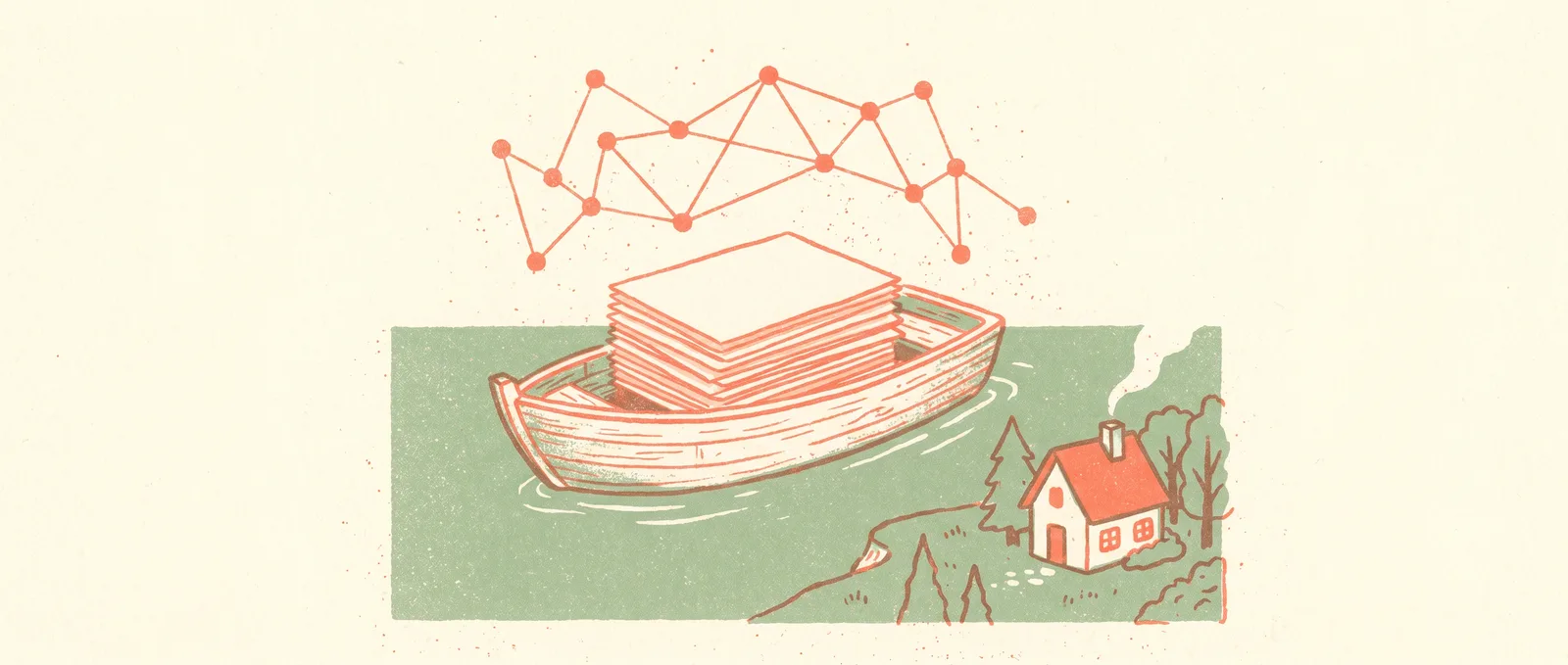 Risograph illustration of a small rowboat carrying note cards beneath a constellation-like web of linked dots