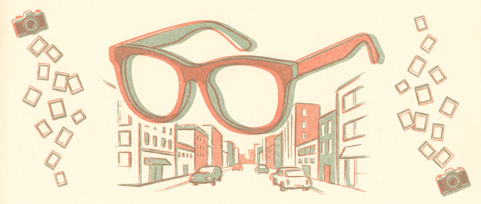 Risograph illustration of giant eyeglasses hovering over a city street, scattering small photo frames