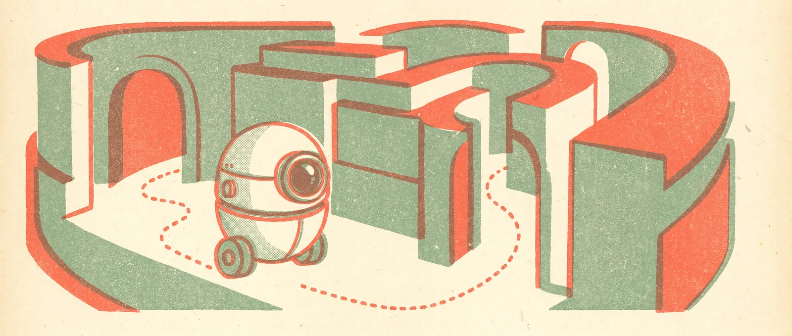 Risograph illustration of a small wheeled robot with one large camera eye finding its way through a corridor maze