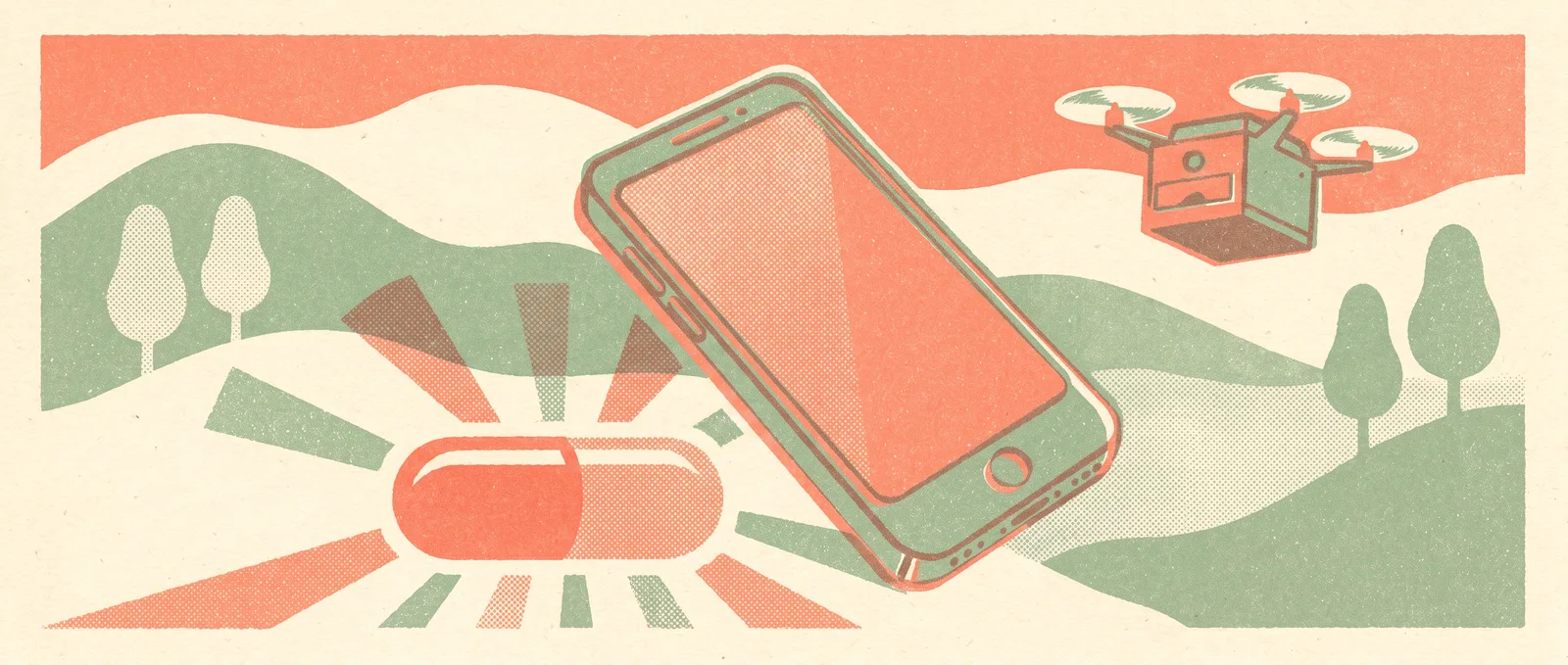 Risograph illustration of a smartphone scanning a pill with light beams, rural hills and a drone behind