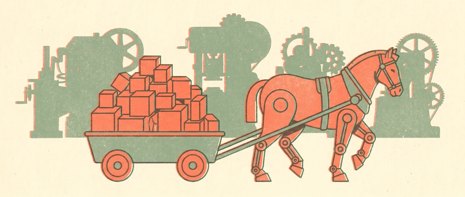 Risograph workhorse pulling a cart of geometric blocks past a row of larger ornate idle machines