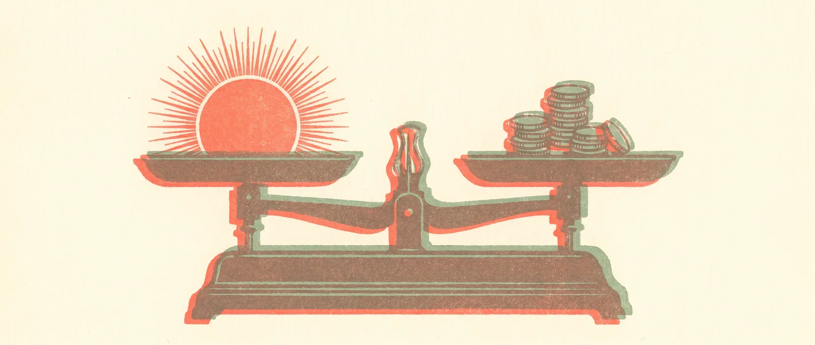 Risograph balance scale with a radiant sun disc on one pan and a small stack of coins on the other, pans almost level