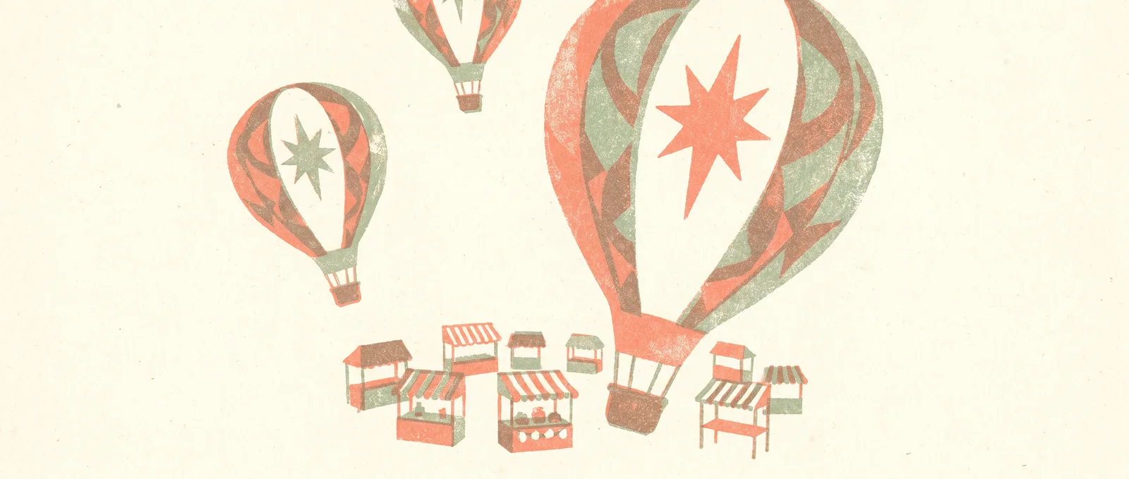 Risograph hot air balloons descending over a small marketplace, the largest balloon carrying a spark emblem