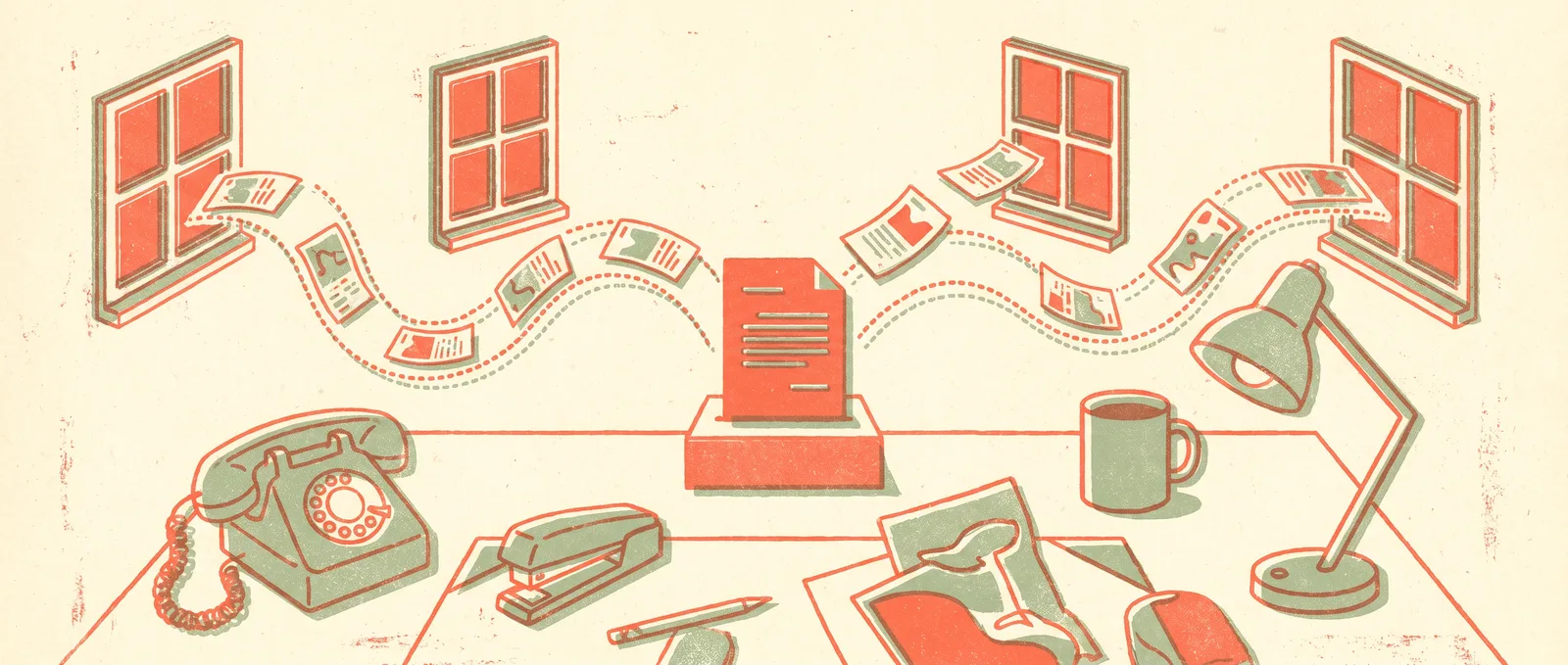 Risograph conveyor lines carrying paper sheets between floating window frames toward one finished document on a podium