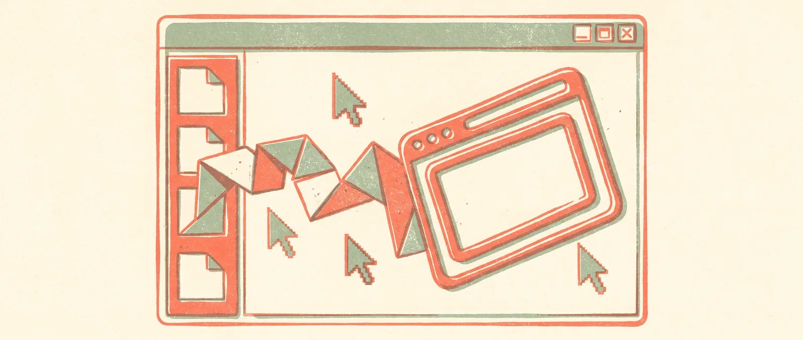 Retro browser window folding like origami into pieces that slot into the sidebar of a larger window