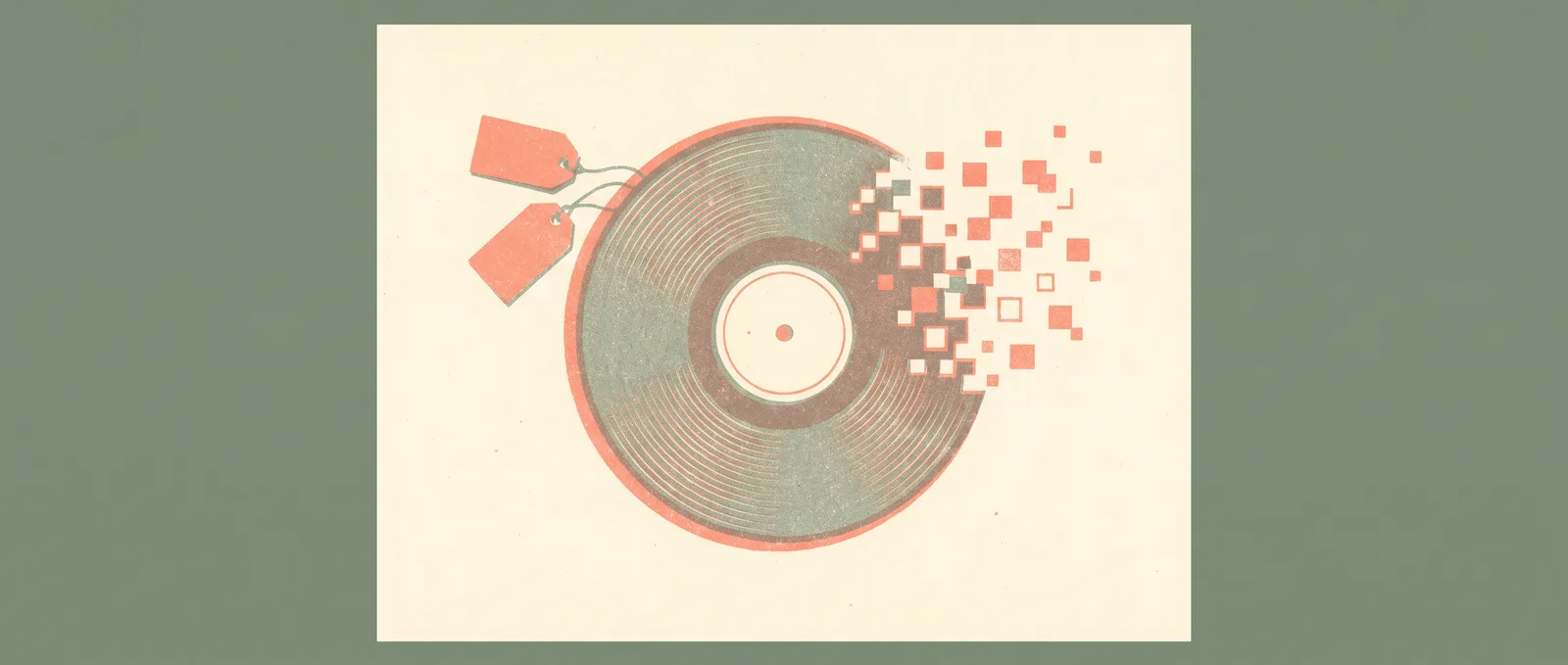 Vinyl record half dissolving into floating pixel squares with two blank hang tags on strings