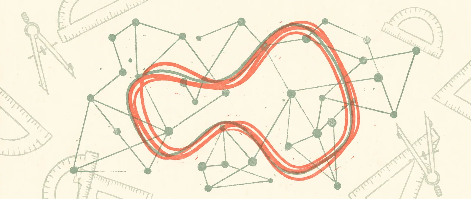 Constellation of connected dots with one bold coral loop weaving through the network, surrounded by faint geometry tools