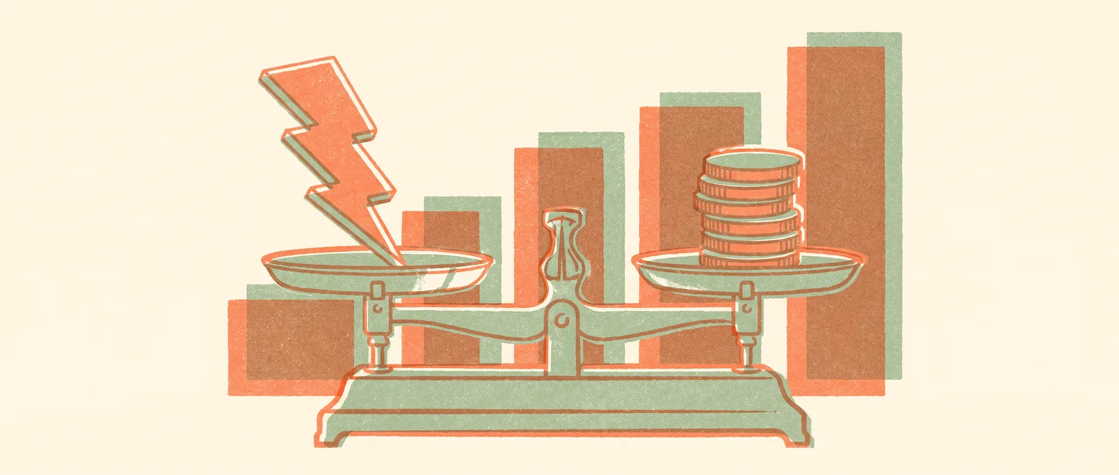 Vintage balance scale weighing a lightning bolt against a stack of coins, bar chart silhouettes rising behind