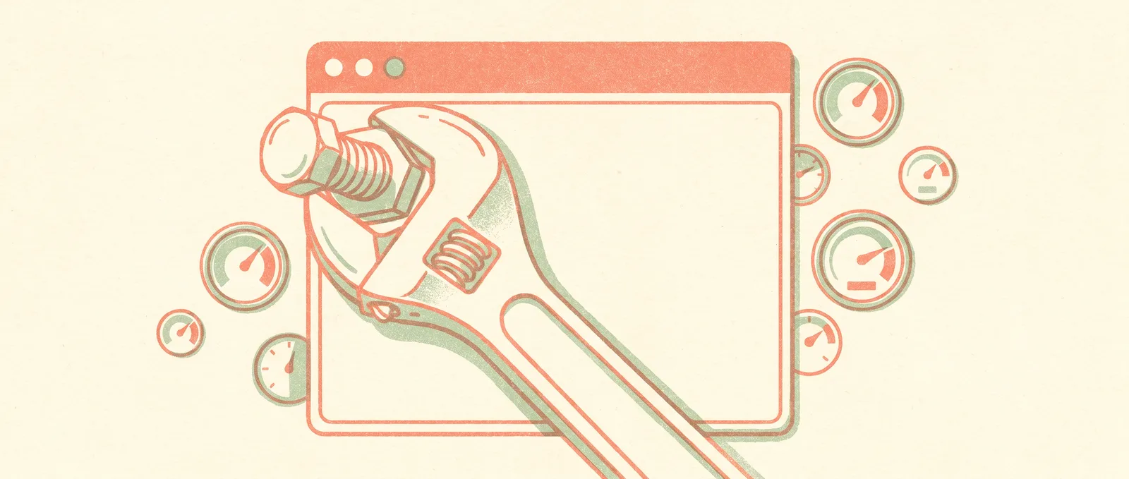 Oversized wrench tightening a bolt on the corner of a browser window, small gauges with needles near the top scattered around
