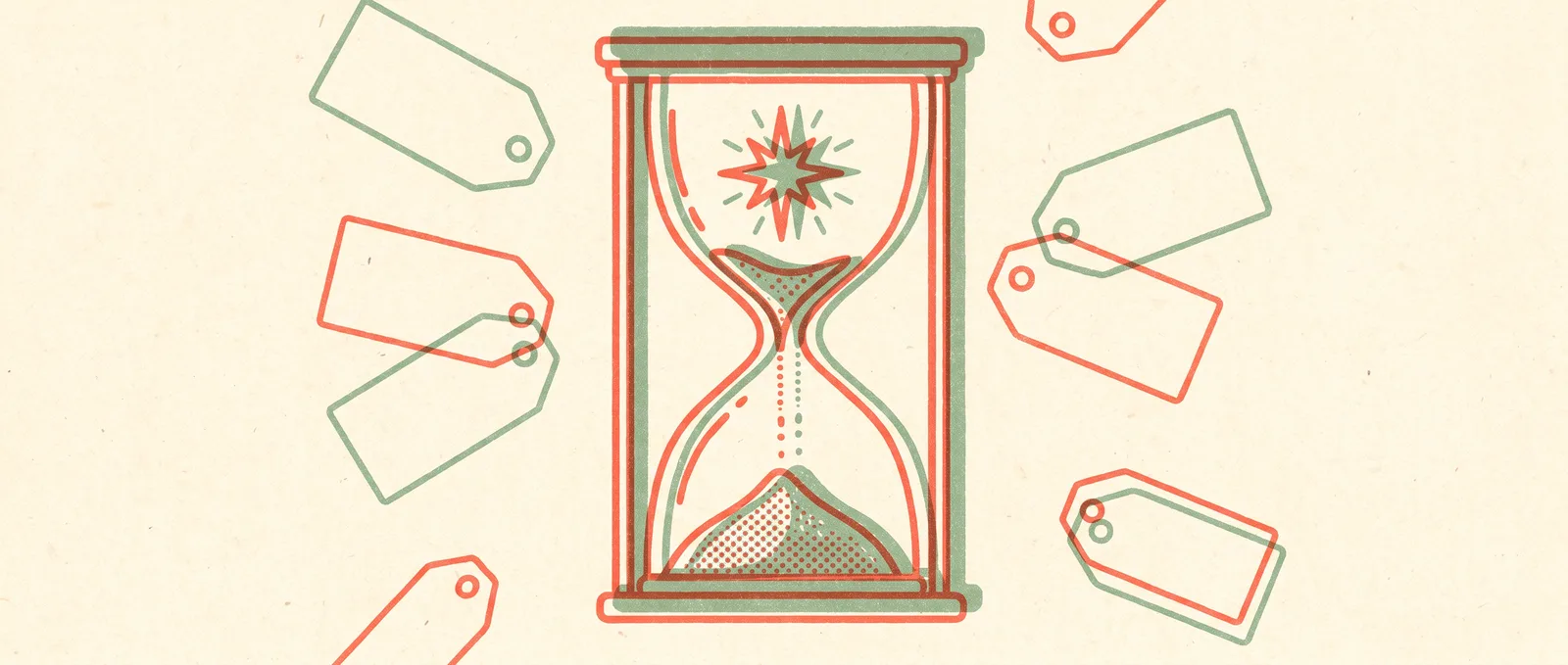 Hourglass with a radiant star in the upper bulb trickling sand, blank price tags floating around