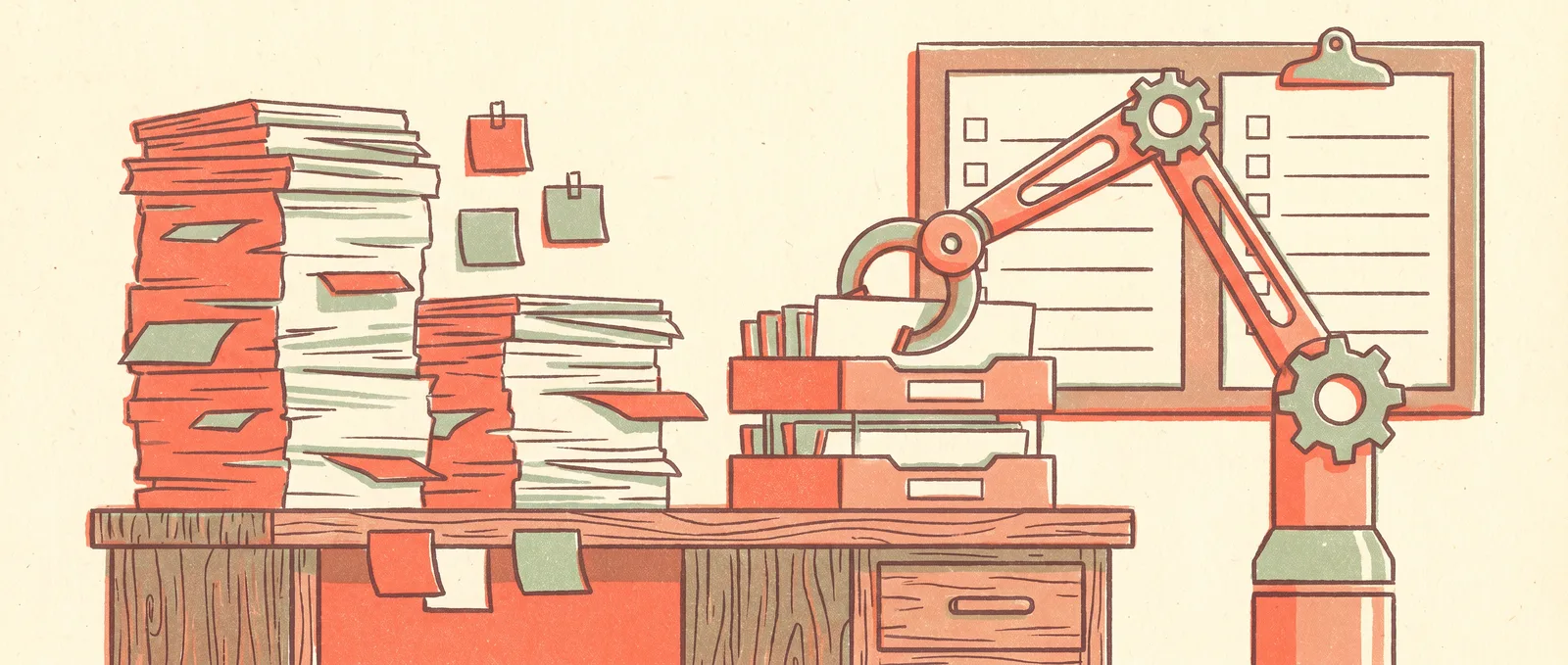Friendly mechanical arm sorting tall paper stacks on a cluttered desk into neat trays and checklists