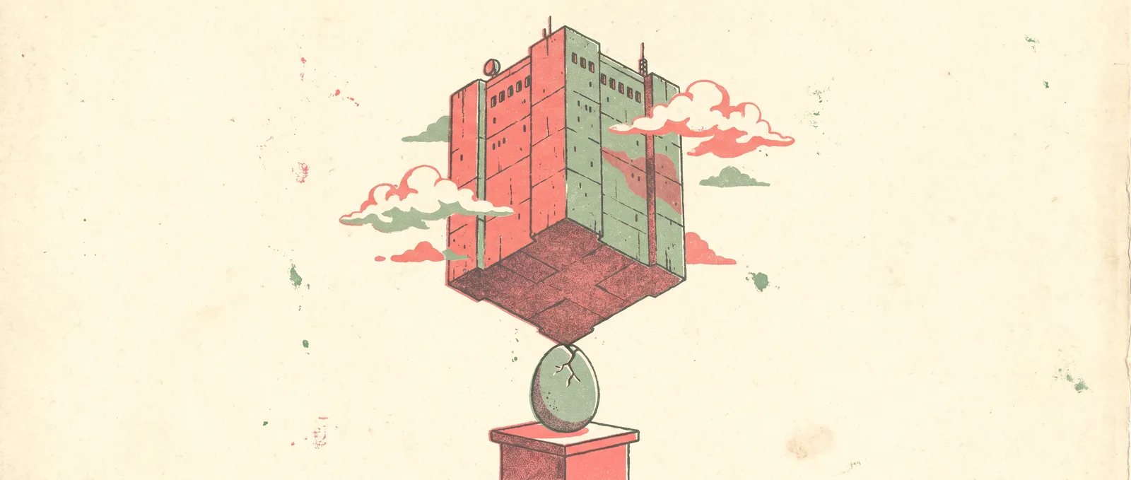 Massive data center building balanced precariously on a single fragile egg