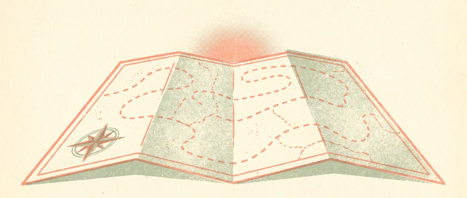 An unfolded paper map with a winding dotted path leading toward a glowing horizon, compass rose in the corner