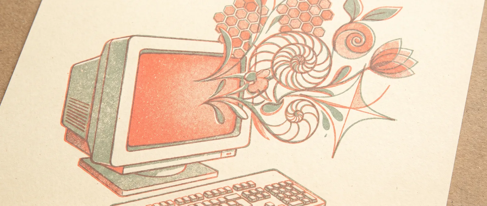 Vintage computer monitor blooming with honeycomb patterns, spirals and mathematical curves growing like flowers