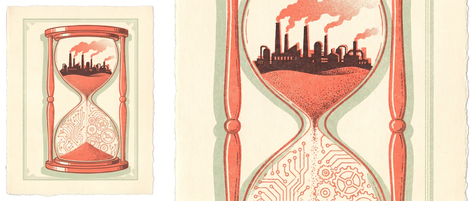Hourglass with a factory skyline in the upper bulb and sand forming circuits and gears below