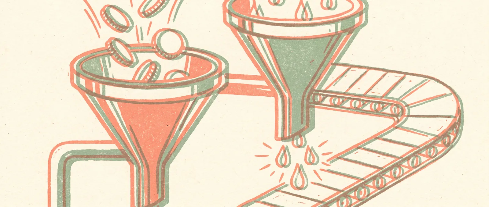 Two industrial funnels in a loop, coins pouring in while glowing knowledge droplets are siphoned out