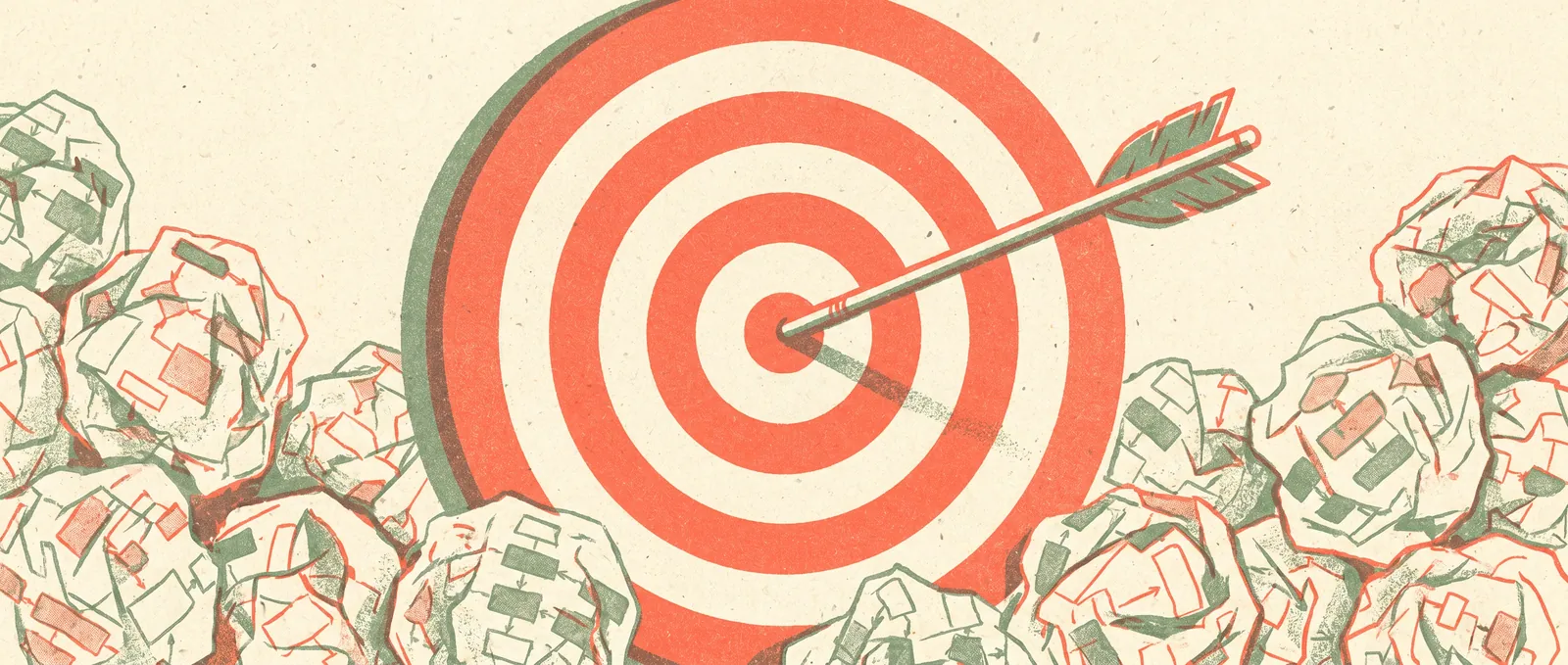 Archery target with one arrow in the bullseye surrounded by crumpled tangled flowcharts