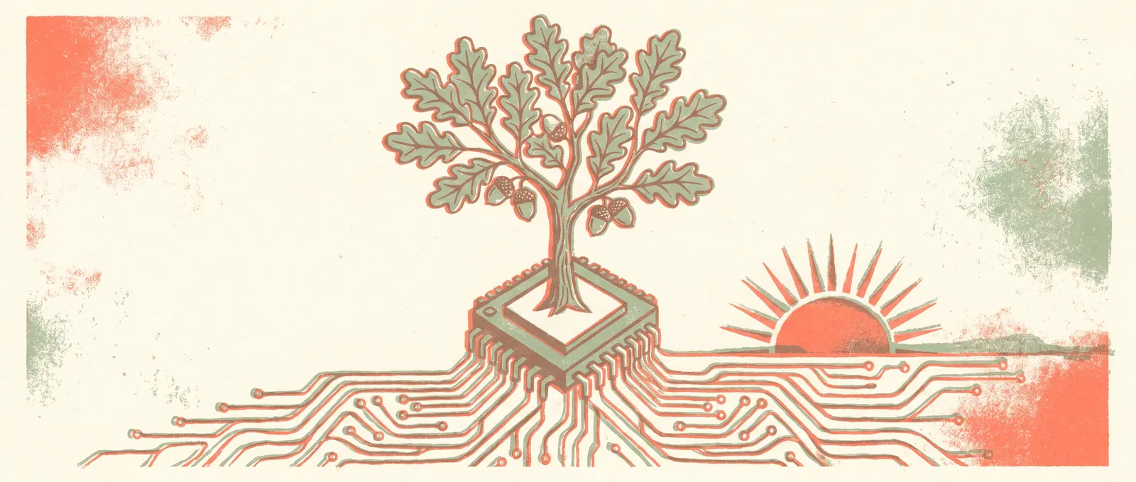 Young oak sapling growing from a computer chip with roots as circuit traces