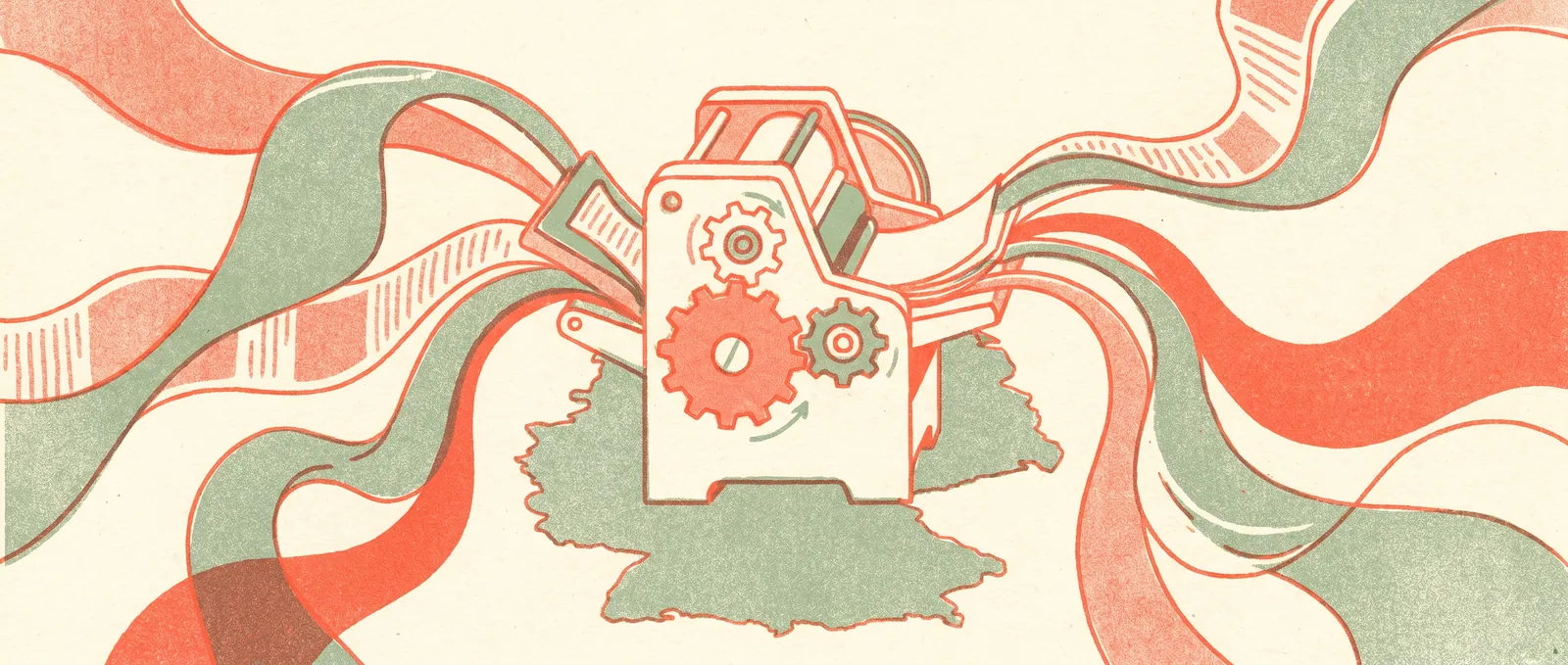 Friendly printing press with open gears on a map of Germany, paper ribbons flowing outward