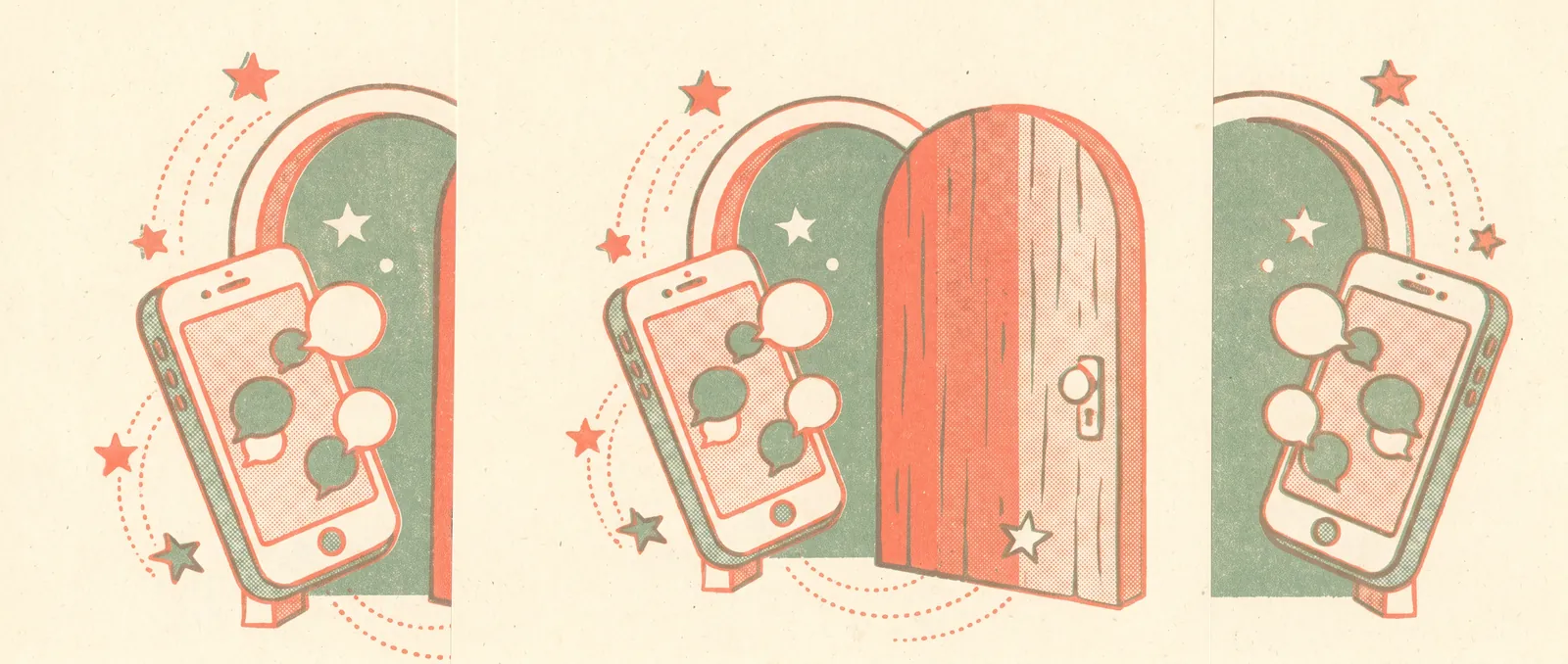 Risograph illustration of chat speech bubbles streaming back through an opened door toward a smartphone
