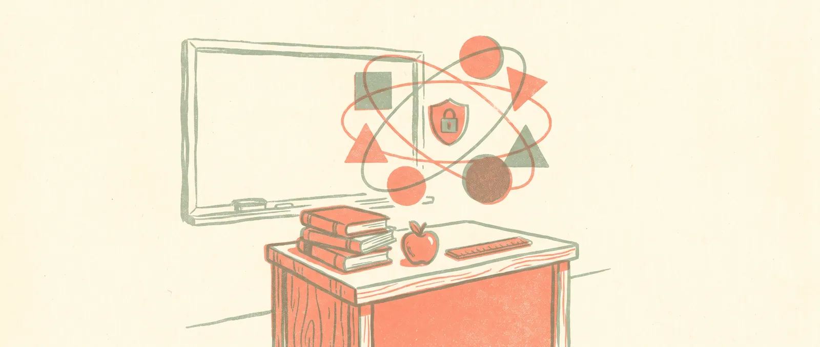 Risograph illustration of a teacher's desk with apple, books and ruler beneath orbiting geometric shapes and a small shield