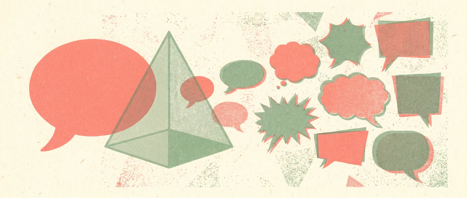 Risograph illustration of a speech bubble passing through a prism and splitting into differently shaped speech bubbles