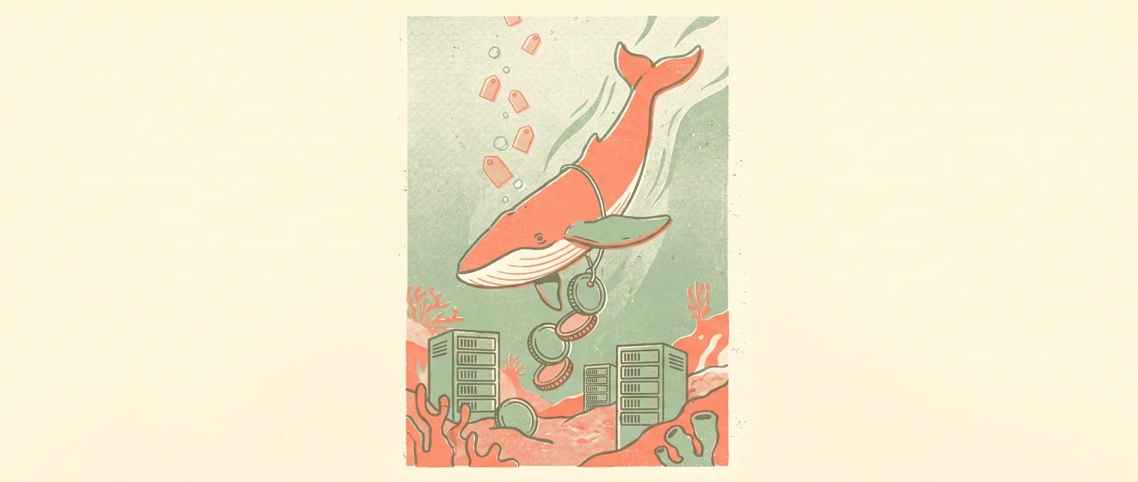 Risograph illustration of a whale diving deep while pulling a string of coins past server racks on the ocean floor