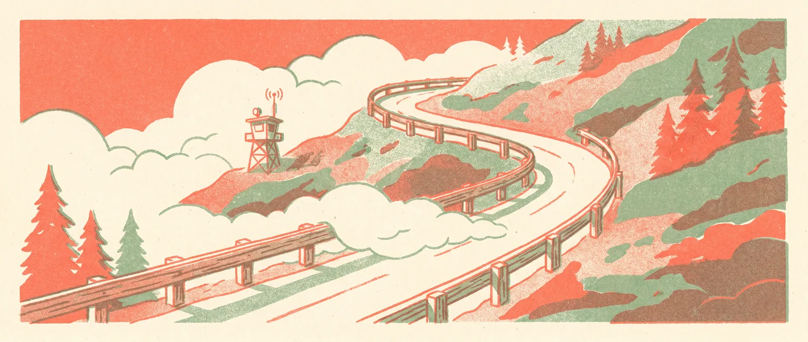 Risograph illustration of a mountain road winding into clouds with sturdy guardrails along the curves